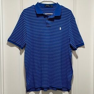 Ralph Lauren Men’s Large White Striped Blue Polo Shirt Preppy Golf Business